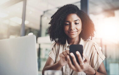 Poster - Office, search and woman with phone, laptop and connection for business, website and communication. Smile, scroll and businesswoman at desk with smartphone, networking and online chat on mobile app