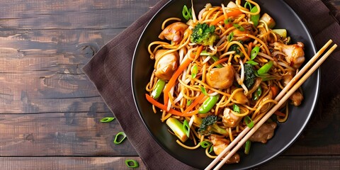 Wall Mural - Chicken Lo Mein Stir-Fry with Mixed Vegetables. Concept Chinese cuisine, Stir-fry recipe, Chicken Lo Mein, Mixed vegetables, Asian flavors