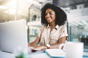 Poster - Office, black woman and journalist with laptop for research, typing and information for news article with technology. Workplace, computer and digital writer for planning, reading and creative writing