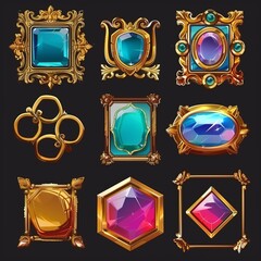 The stone is in a gold and silver frame in a medieval style. The avatar border of the user interface is a cartoon round, the icons of mobile game assets are included in the frame. A modern