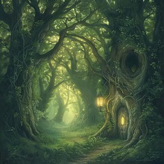 Wall Mural - the portal of a magic dimension is made of tree branches in a shady green forest. three-dimensional 