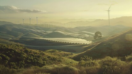 Poster - Windmills and Solar Panels in a Picturesque Landscape