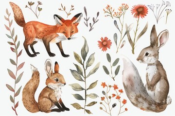 Poster - A hand-drawn illustration of woodland animals isolated on a white background in a boho style.