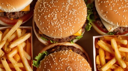 close-up of unhealthy fast food items like burgers and fries, illustrating diet challenges