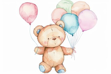 Wall Mural - Teddy bear with balloons painted in watercolor style. Stock photo.