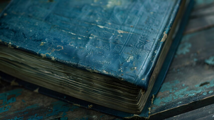 Wall Mural - A blue book with a worn cover sits on a wooden table