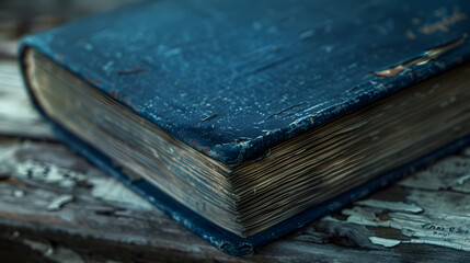 Wall Mural - A blue book with a worn cover sits on a wooden table