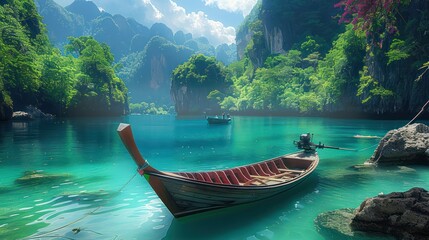 Wall Mural - Beautiful view, boat, Thai sea, wallpaper