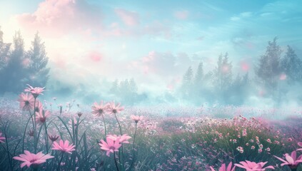 Poster - Green meadow with trees and shrubs in the evening with a sky full of pink clouds