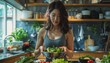 © fourtakig - full body korea women wears red sports, showing off her six-pack abs, making salad in the kitchen