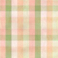 Seamless plaid checkered pattern with green, pink and yellow stripes with watercolor texture. Abstract geometric background. Pattern for textile, wrapping paper, web design. Hand-drawn illustration.