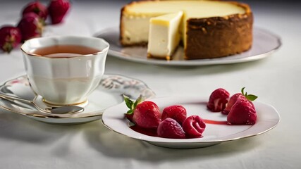 Canvas Print -  Delightful afternoon tea setting with strawberries and cheesecake