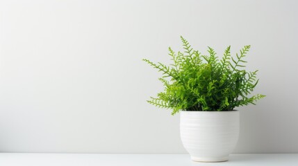 Wall Mural - Elegant Asparagus Fern in white pot on white backdrop Ample space