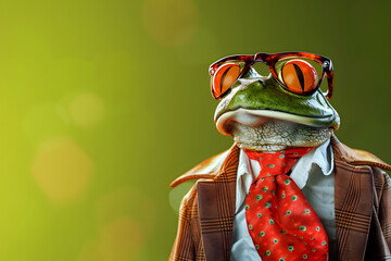 Poster - Cool looking frog wearing funky fashion dress - jacket, tie, glasses. Wide banner with space for text left side. Stylish animal posing as supermodel. 