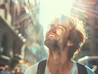 A happy young caucasian man looking up at the sky alone in a busy city, sun shining