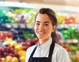 Retrato envolvente de um gerente de supermercado sorridente, projeta um cenário amigável e uma ilustração de excelente atendimento ao cliente, ideal para um papel de parede