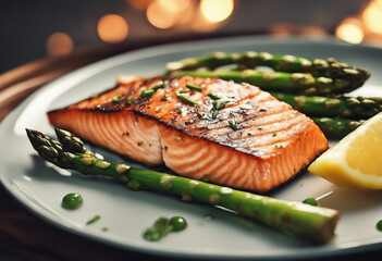 Wall Mural - perfectly grilled salmon fillet with a side of tender asparagus