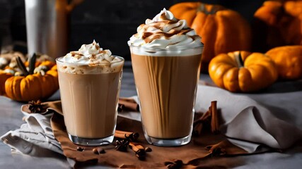 Poster -  Autumninspired beverages with whipped cream and pumpkin decorations