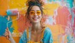 © fourtakig - Portrait of a young joyful and cute woman standing with paint roller during repairing process of a house. Concept of happy leisure time while renovating interior
