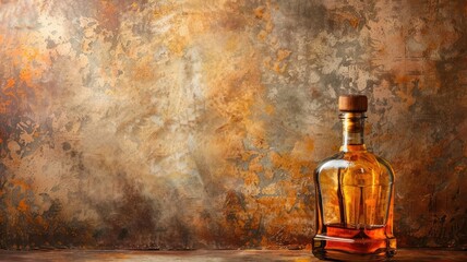 Wall Mural - Glass bottle of amber-colored liquor against textured background