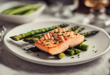 Wall Mural - perfectly grilled salmon fillet with a side of tender asparagus