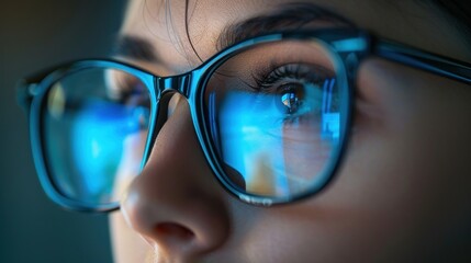 focus on eye close-up view. Focused developer coder wears glasses working on computer looking at programming code data cyber security digital tech reflecting in spectacles developing software program.
