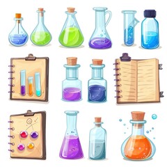 cartoon potion bottles and lab notebook set