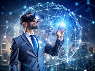 Businessman using virtual metaverse and future digital technology , Virtual Global Internet connection network with AI Artificial Intelligence digital