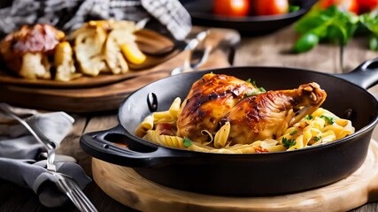 Wall Mural -  Delicious pasta dish with succulent chicken ready to be savored