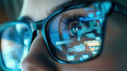 focus on eye close-up view. focused developer coder wears glasses working on computer looking at pro