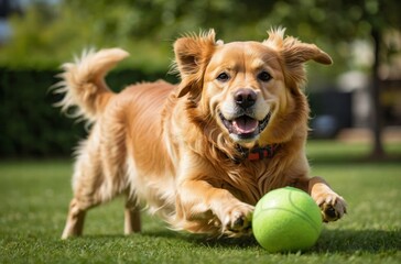 Poster - Golden retriever running with tennis ball in park and green lawn