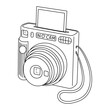 © Aikaterini - Instant camera device with photo, line art. Photography camera Hand drawn doodle style coloring page. Icon for websites or mobile applications. Flash and lens visible. Vector illustration