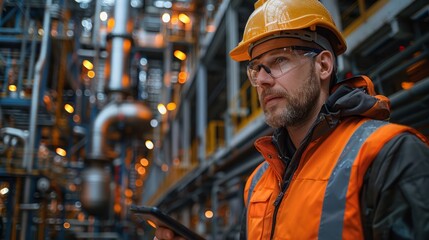 Wall Mural - Engineer conducting a safety inspection, wearing a reflective vest and hard hat.