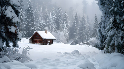 Wall Mural - a cabin in the woods with snow on the ground