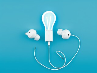 Earphones, Earbud type white color and Light Bulb symbol made from cable isolated on blue gradient background, with copy space