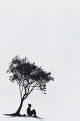 Wall Mural - A black and white sketch of a person sitting under a tree