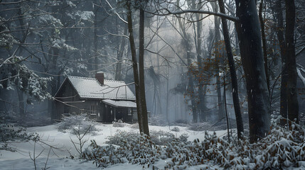 Wall Mural - a cabin in the woods with snow on the ground