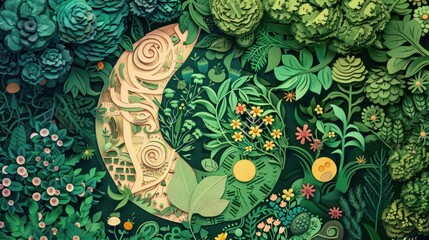 Papercraft Floral Moon in a Lush Green Garden