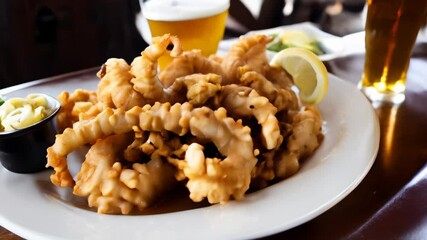 Wall Mural -  Delicious golden fried calamari on a plate ready to be savored