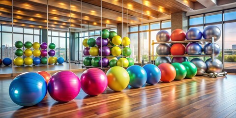 Colorful exercise balls and dumbbells scattered on a wooden floor in front of a large mirrored wall, surrounded by sleek modern gym equipment.