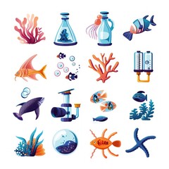 Canvas Print - Colorful Set of Underwater Marine Life Illustration