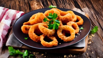 Wall Mural -  Delicious golden fried calamari rings on a plate