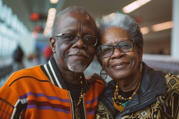 Wall Mural - Portrait of a blissful afro-american couple in their 50s sporting a stylish varsity jacket while standing against bustling airport terminal