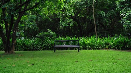 Wall Mural - Empty bench in lush green park with surrounding trees