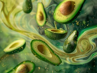 Wall Mural - surreal avocado dreamscape with floating sliced avocados in various stages of ripeness set against a psychedelic background of swirling greens and golds