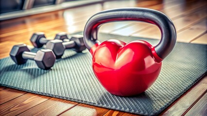 Wall Mural - Heart-shaped kettlebell on a gym mat background, surrounded by fitness equipment