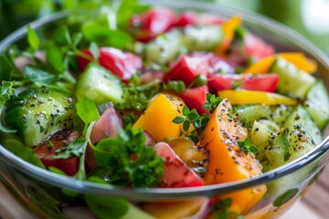 Wall Mural - Vibrant and colorful fresh salad bowl featuring a variety of vegetables, representing healthy eating and freshness.