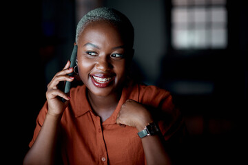 Wall Mural - Business woman, night and phone call in office for working late, networking and communication with contact. Female employee, mobile and planning discussion in dark for virtual meeting, chat and smile