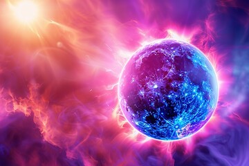 Wall Mural - Sun Eclipse with Pink and blue Fire on bright Background, elegant. Moon Design with Glowing Light. Space and Science concept