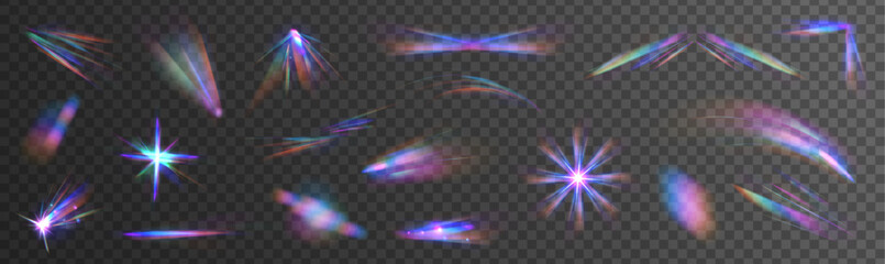 Aufkleber - A set of colourful vector lens, crystal rainbow light and flare transparent effects. Prism light overlay flare glossy background texture.	